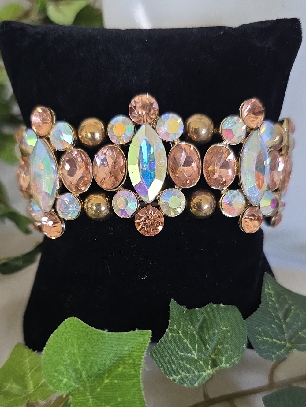 Gold Aurora Borealis Rhinestone Stretch Bracelet Champagne Crystal  Statement